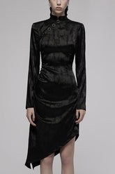 Robe Punk pour Femme à Manches Longues avec Tissu en Coton Jacquard Noir, Cheongsam Amélioré, Ourlet Pointu, Design à Cordon de Serrage, Col Cheongsam
